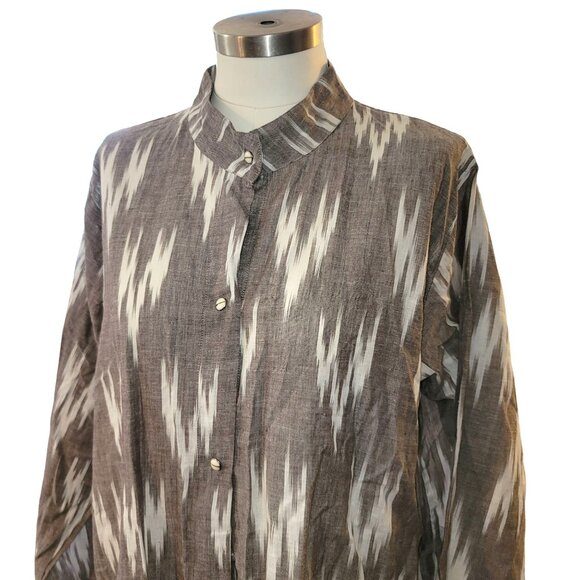 ZhenNymph Shirt Gray & White Ikat Pattern Button-Down High Low Size L jj3649 - Picture 2 of 8